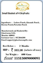 Jaiccha Ghasitaram Mother's Day Gifts - Small Basket of 4 Dryfruits |Diwali,Holi,Rakhi,Valentine,Christmas,Birthday,Anniversary,Gift for Her,Him,Mothers Day,Fathers Day|