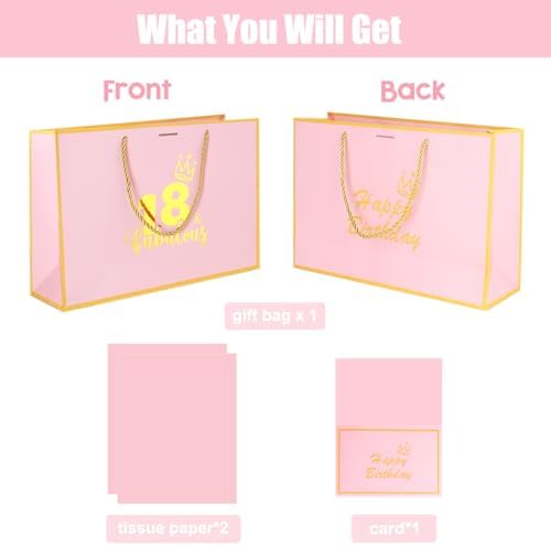 Dimetey 12.6Inch 18th Birthday Gift Bag with gift Card and Tissue Paper for Girl's 18th Birthday Supplies (Pink 18th)
