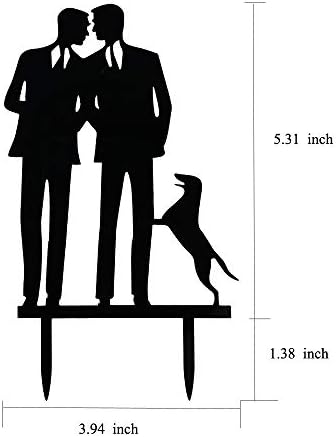 Gay Wedding Cake Topper With Dog, Black Acrylic Silhouette Couple Groom and Groom Wedding/Aniversary/Engagement Party Engagement Cake Decoration