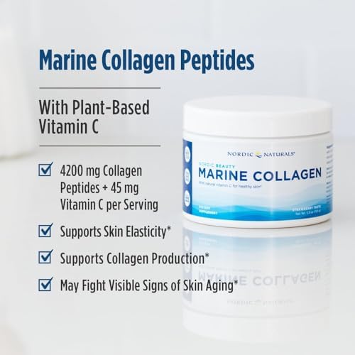 Nordic Naturals Nordic Beauty Marine Collagen Powder, Strawberry - 5.29 Ounces - Collagen Powder Supplement for Healthy Skin, Joints, and Bones, Vitamin C for Antioxidant Support - 30 Servings