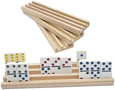 Wooden Domino Racks Set of 4 Natural Domino Trays Holders Organizer for Mexican Train Chickenfoot and Other Domino Games - Dominoes NOT Included