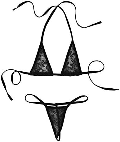 Women's See Through Lace Halterneck Micro Bikini Set Mini Bra Top with G-String Underwear