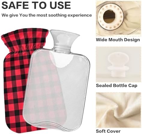 Red and Black Buffalo Plaid Hot Water Bottle with Cover, 2Liter Soft Velvet Winter Warm Water Bag for Neck and Shoulder Pain Relief Period Cramps Bed Hand Feet Warmer