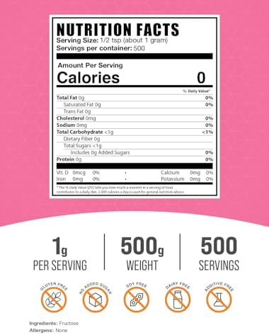 BulkSupplements.com Fructose Powder - Fructose Sugar, Zero Calorie Sweetener - Food Grade & Gluten Free, 1g per Serving, 500g (1.1 lbs) (Pack of 1)