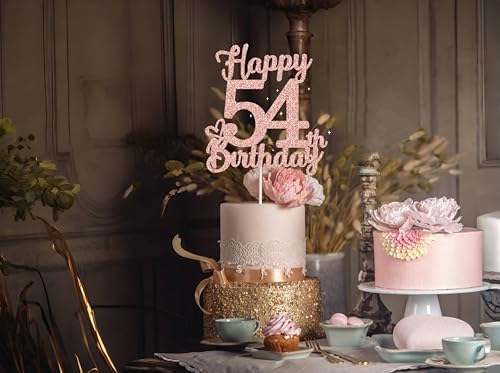 54 Birthday Cake Toppers-Rose Gold Glitter, Happy 54th Cake Topper for Men,54 Cake decorations For Women, 54 birthday decorations Fifty four