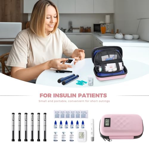 TSA Approved Insulin Cooler Travel Case Diabetic Medication Bag With Thermometer Temperature Display Medication Diabetic Cooler Travel Medicine Organizer Bag for women & 2 Ice Pack-Pink