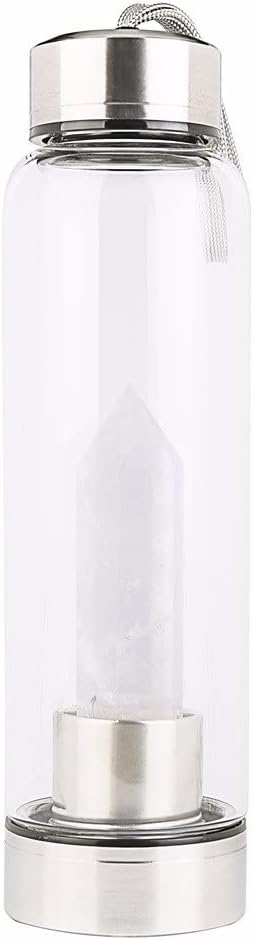 Crystal Water Bottle Natural Crystal Point Healing Obelisk Wand Elixir Energy Water Bottle Natural Quartz Crystal Gemstone Infused Water Bottle (Color : White Crystal)