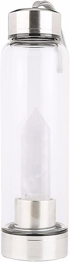 Crystal Water Bottle Natural Crystal Point Healing Obelisk Wand Elixir Energy Water Bottle Natural Quartz Crystal Gemstone Infused Water Bottle (Color : White Crystal)