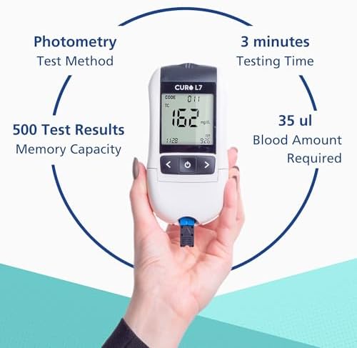 CURO-L7 Professional Grade Blood Cholesterol Testing with Home KIT - All-in-One Test Device, Test Strips 5ea, Lancets, and EziTube Rod Included