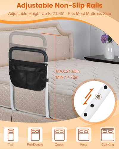 Bed Rails for Elderly Adults Safety - Adjustable Bed Assist Rail for Seniors - Stable Beds Side Rails with Storage Bag & Fixing Strap, Fit King Queen Full Twin