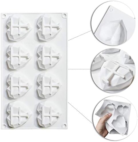 8 Grid Diamond Heart Silicone Cake Chocolate Mold Silicone Baking Pan Mold for DIY Cake Mousse Dessert 3D Diamond Love Heart Shaped Mould for Candy Fondant Ice Cream Soap Cupcake Cheesecake Jelly