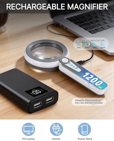45X Magnifying Glass with Light, 4.6 Inch 1200mAh USB Rechargeable LED Handheld Magnifier, 6 Light Modes for Low Vision Seniors with Macular Degeneration, Reading, Jewelry, Coins - Grey