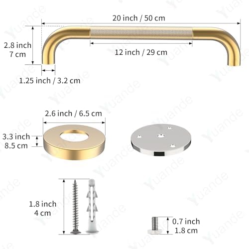 4 Pack 20 Inch Shower Grab Bar, YuanDe Gold Bathroom Grab Bar Handle w/Anti-Slip Knurled Grip, Stainless Steel Bath Balance Bar, 1.25" Diameter Safety Hand Rail Support,Handicap Injury Elderly Senior