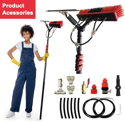 Water Fed Telescopic Brush, High Window Cleaning Kit with Poles & Squeegees, Extendable Outdoor Window Cleaner with Hose,7.2m/24ft