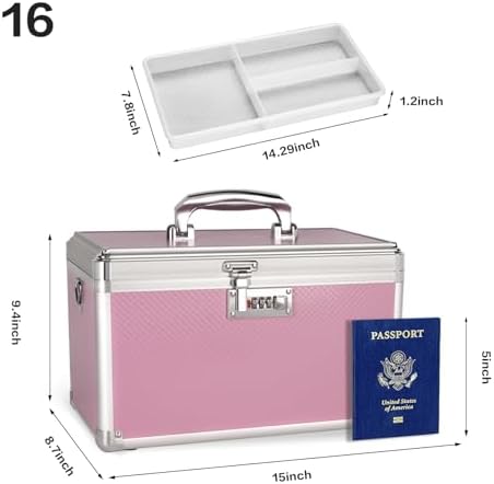 Medicine Box with Combination Lock - 15" x 8.7" x 9.4" First Aid Safe Medication Storage Case, Personal Items Safe Case for Hospital & Home & Outdoor 【Pink】