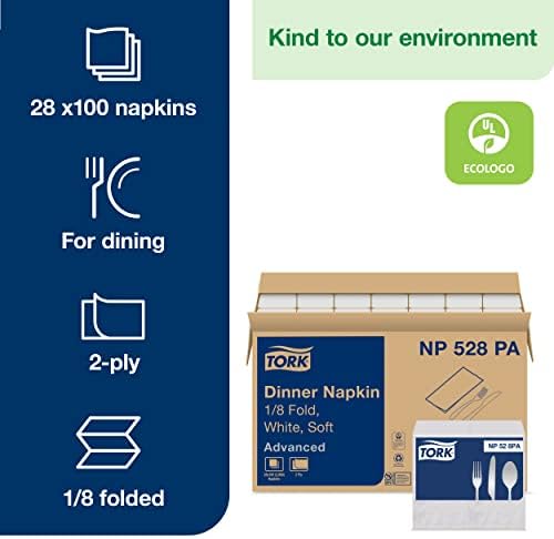 Tork White Soft Dinner Napkin, 1/8 Fold 2-ply, 15" x 17, 28 x 100 napkins, NP528PA