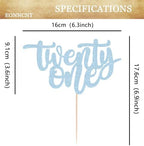Twenty One Cake Topper - Light Blue Glitter 21st Birthday Cake Decorating Supplies, Photo Booth Props