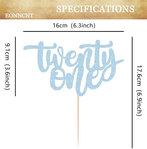 Twenty One Cake Topper - Light Blue Glitter 21st Birthday Cake Decorating Supplies, Photo Booth Props