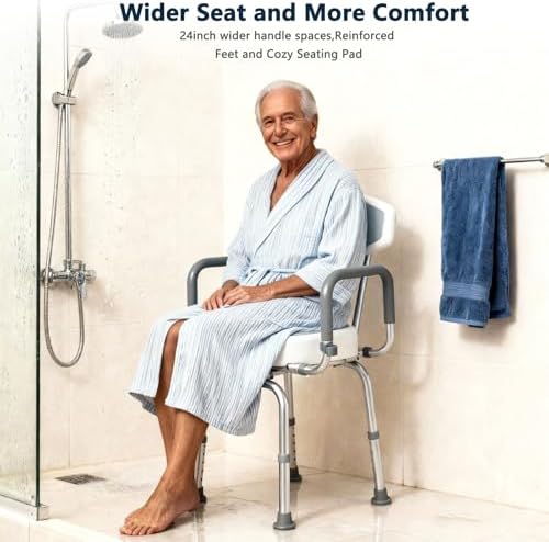 U Shaped Swivel Shower Chair with Arms & Back Support, 360° Rotating Bath Seat with Adjustable Width & Height, Shower Stool & Tub Seat for Elderly Disabled Adults, 330 LBS Weight Capacity