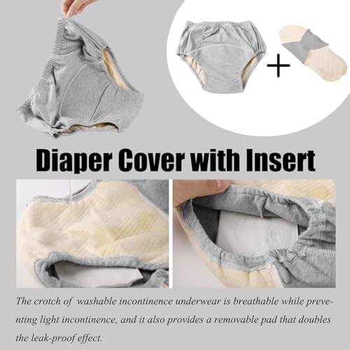 Reusable Adult Diapers, Washable Cloth Diaper Nappy, Leak-Proof Incontinence Underwear with Absorbent Inserts, Urinary Care Panties for Men, Women, Elderly (Grey, X-Large)
