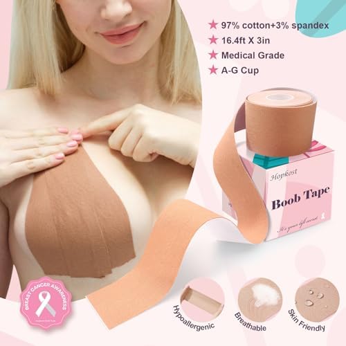 Hopkost Boob Tape Breast Lift Tape for Large Breasts with 2 Pcs Nipple Covers Invisible Boobtape for A-G Cup(Beige,3 in)