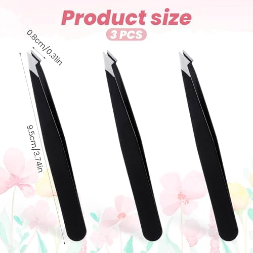 3 Pack Tweezers for Eyebrows, Stainless Steel Pointed Tip Ingrown Hair Removal Tweezers Black Slanted Angled Tweezer Set for Women Men Precision for Eyebrows Facial Ingrown Hair and Splinter Removal