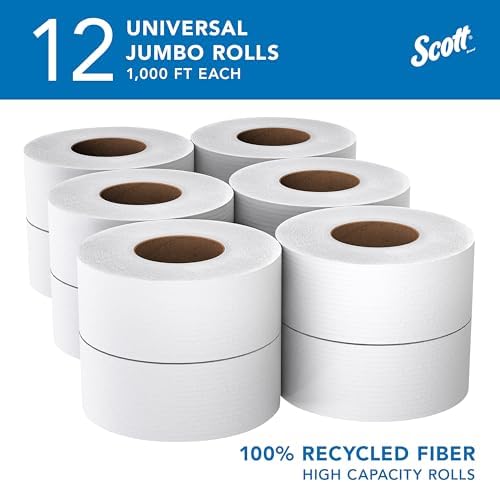 Scott Professional 100% Recycled Fiber High-Capacity Jumbo Roll Toilet Paper, Bulk (67805), 2-Ply, Septic Safe, White, Non-Perforated (12 Rolls at 1,000' Each, 12,000'/Case)