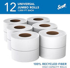 Scott Professional 100% Recycled Fiber High-Capacity Jumbo Roll Toilet Paper, Bulk (67805), 2-Ply, Septic Safe, White, Non-Perforated (12 Rolls at 1,000' Each, 12,000'/Case)