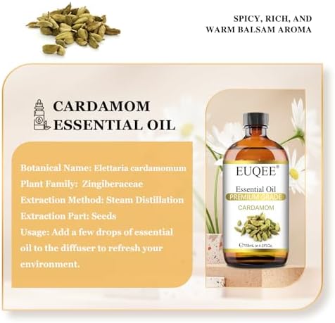 EUQEE Cardamon Essential Oil 118 ml Large Bottle Premium Cardamon Oil with Glass Dropper, Great for Diffusers, Candle & Soap Making-4oz