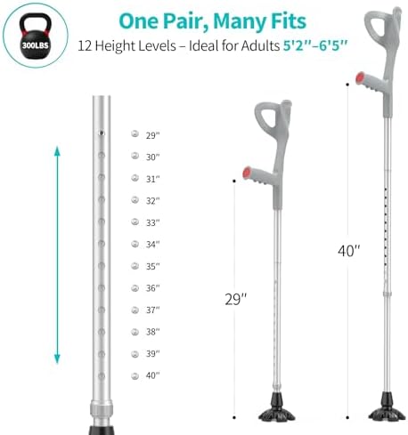 Foldable Forearm Crutches for Adults (Pair) – Adjustable Aluminum Elbow Crutches (Fits 5'2" to 6'5"), Lightweight & Travel-Friendly, Non-Slip Arm Crutches for Walking, Elderly, Disabled, Men & Women