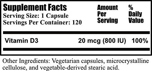 Daily Manufacturing Vitamin D3‑800 IU (20 mcg) – Non‑GMO, Gluten‑Free, Kosher, Vegetarian Capsules – Supports Bone, Immune & General Wellness – 120 Count