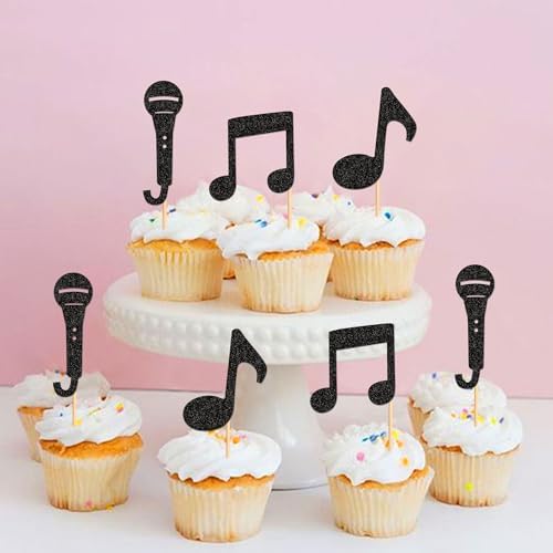 Ercadio 24Pcs Music Notes Cupcake Toppers Black Glitter Musical Symbol Microphone Cupcake Picks for Music Baby Shower Singer Birthday KTV Concert Party Cake Decorations Supplies