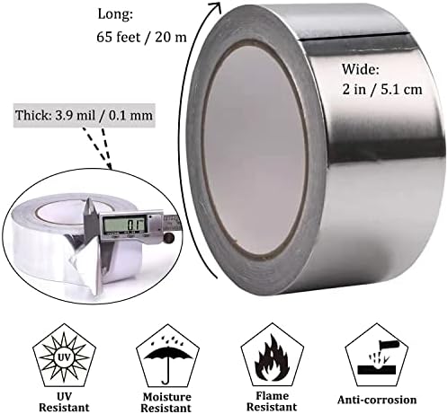 Aluminum Foil Duct Tape Heavy Duty Waterproof, Premium Silver Metal HVAC Heat Tapes (2"*65Feet,3.9mil), High Temperature, Dryer Vent Insulation Tape for Ductwork, Ducting, Sealing, Patching, Furnace