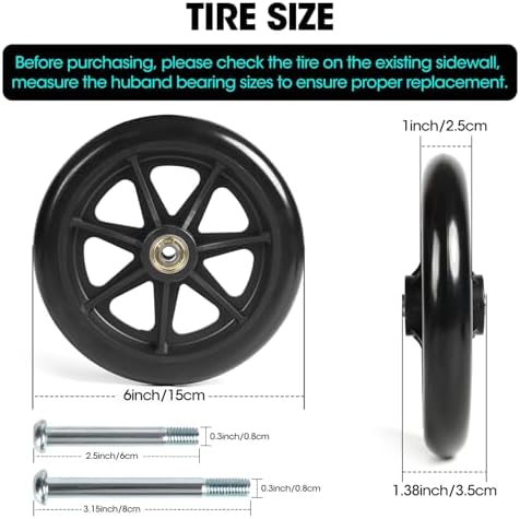 6 Inch Wheelchair Wheels (1 Pair) - Replacement Wheels with Narrow Wear-Resistant PU Tires for Wheelchairs, Walkers, Rollators， Essential Wheelchair and Walker Accessories