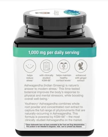 Youtheory Ashwagandha 1000mg with KSM-66 - Helps Support a Healthy Stress Response,180 Capsules (Pack of 1)