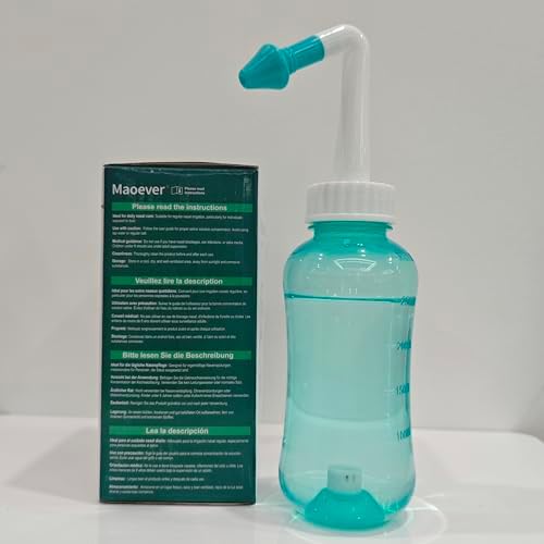 Neti Pot Sinus Rinse Bottle Nose Wash Cleaner Pressure Rinse Nasal Irrigation for Adult & Kid BPA Free 300 ML with 30 Nasal Wash Salt Packets and Sticker Thermometer