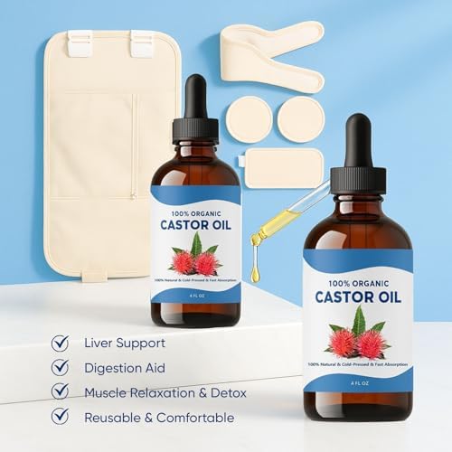 Tavio Castor Oil Pack, Castor Oil Liver Wellness Pack Wrap Kit, Organic Cotton Reusable Pads Kit for Hot/Cold Compress, Muscle Relaxation & Detox (1)