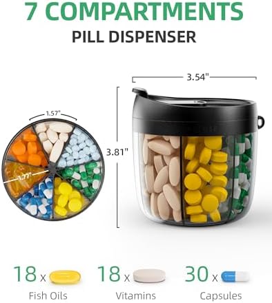 PULIV Portable Pill Dispenser Bottle, Vitamin Organizer with 7 Compartments, Holds Plenty of Supplements, Anti-Mix & Wide Openings Design, Easy to Retrieve Meds, Travel Essentials, Includes 20 Labels