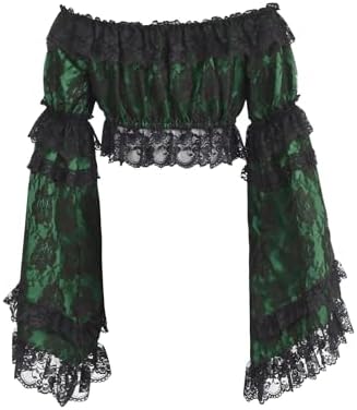 Daisy corsets Women's Green/Black Lace Smocked Flare Sleeve Peasant Top Blouse Fashion Off the Shoulder