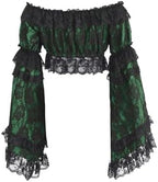 Daisy corsets Women's Green/Black Lace Smocked Flare Sleeve Peasant Top Blouse Fashion Off the Shoulder