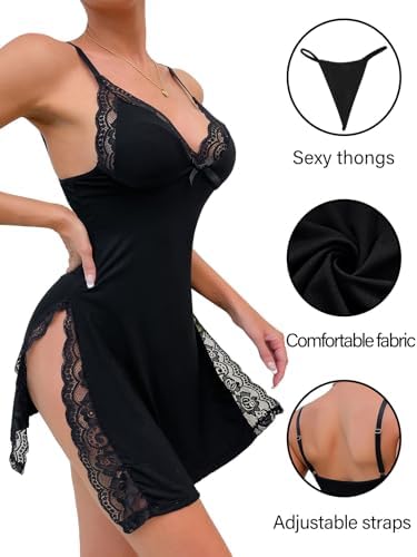 Foxiny Sexy Split Side Floral Lace Trim Full Slip Night Gown Babydoll Lingerie Dress with Thong 2 piece