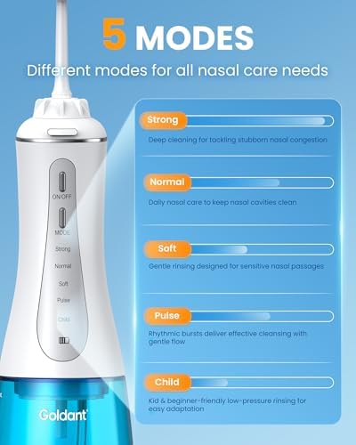 350ML Neti Pot Sinus Rinse Kit, Nasal Irrigation System with 5 Modes, 4 Nozzles, Cordless Rechargeable, IPX7 Waterproof, Nose Cleaner for Sinus Relief (350ML 40 Salt Packets)