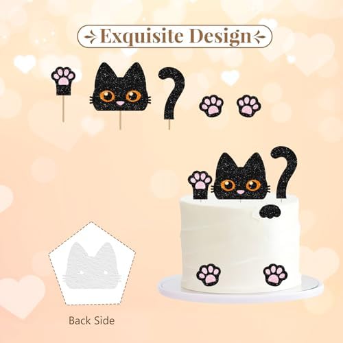 Black Cat Cake Topper, Cat Birthday Cake Decor, Black Glitter Kitten Baby Shower Cake Topper for Girl, Pet Themed Birthday/Adoption DayParty Decoration