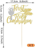 Rsstarxi 1 Pack First Communion Cake Topper Gold Glitter Silver Holy Grail Cross Christian Baptism Cake Pick for God Bless Baby Shower Bithday Party Cake Decorations Supplies