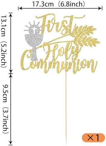 Rsstarxi 1 Pack First Communion Cake Topper Gold Glitter Silver Holy Grail Cross Christian Baptism Cake Pick for God Bless Baby Shower Bithday Party Cake Decorations Supplies