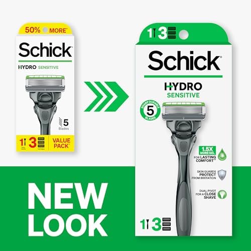 Schick Hydro Sensitive Razors for Men, 1 Razor Handle with 3 Razor Blades Refills