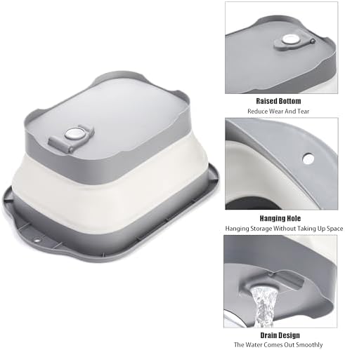 Nicunom 2 Pack Collapsible Wash Basin, 11L Large Collapsible Dish Tub with Drain Plug 3 Gallons Portable Sink Dish Basin Foldable Dishpan Space Saving for RV, Camping Dish Washing Tub