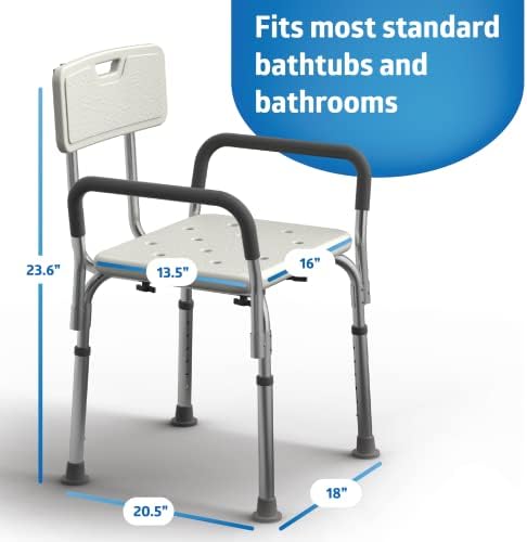 Medline Shower Chair Seat with Padded Armrests and Back | Heavy Duty Shower Chair for Bathtub | Slip Resistant Shower Seat with Adjustable Height | Shower Chair for Inside Shower with 350 lb Capacity