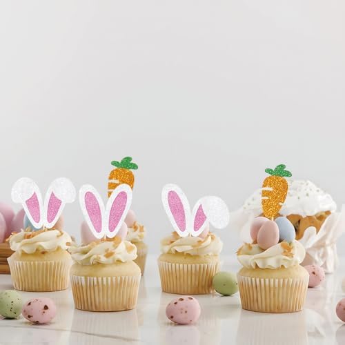 24 Pack Easter Bunny Cupcake Toppers, Glitter Rabbit Ears Cupcake Topper, Ear Cupcake Topper for Easter Theme Birthday Baby Shower Rabbit Party Supplies