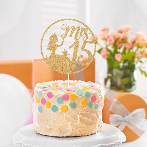 Spanish Mis 15 Cake Topper, Mis Quince Años, Mis Quince, 15th Birthday Cake Topper, Hello 15, Happy 15th Birthday Party Decorations for Girls, Gold Glitter
